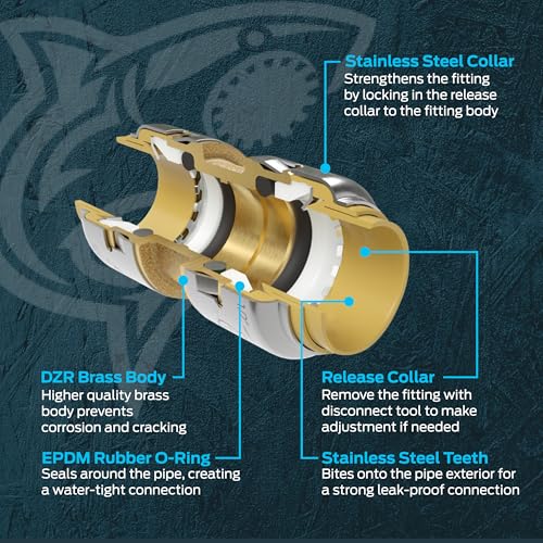 Sharkbite Max ball valve connector with brass body, stainless steel collar and teeth, and braided stainless steel hose with l