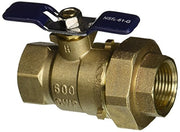 Brass ball valve with blue butterfly handle and threaded female connection on right side.
