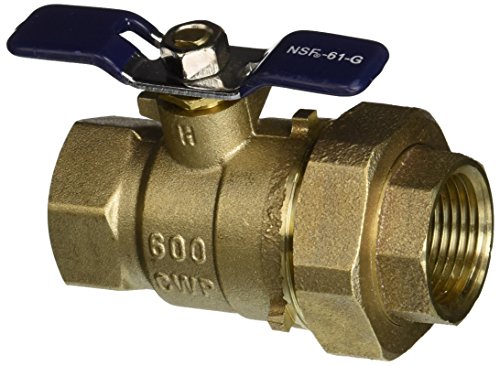 Brass ball valve with blue butterfly handle and threaded female connection on right side.