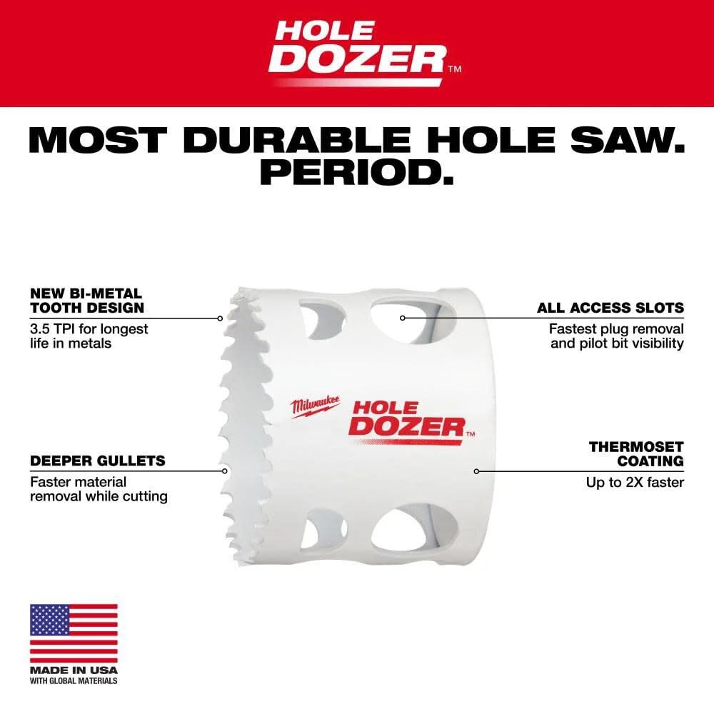 Milwaukee HOLE DOZER 2-3/4" bi-metal hole saw with access slots and thermoset coating.