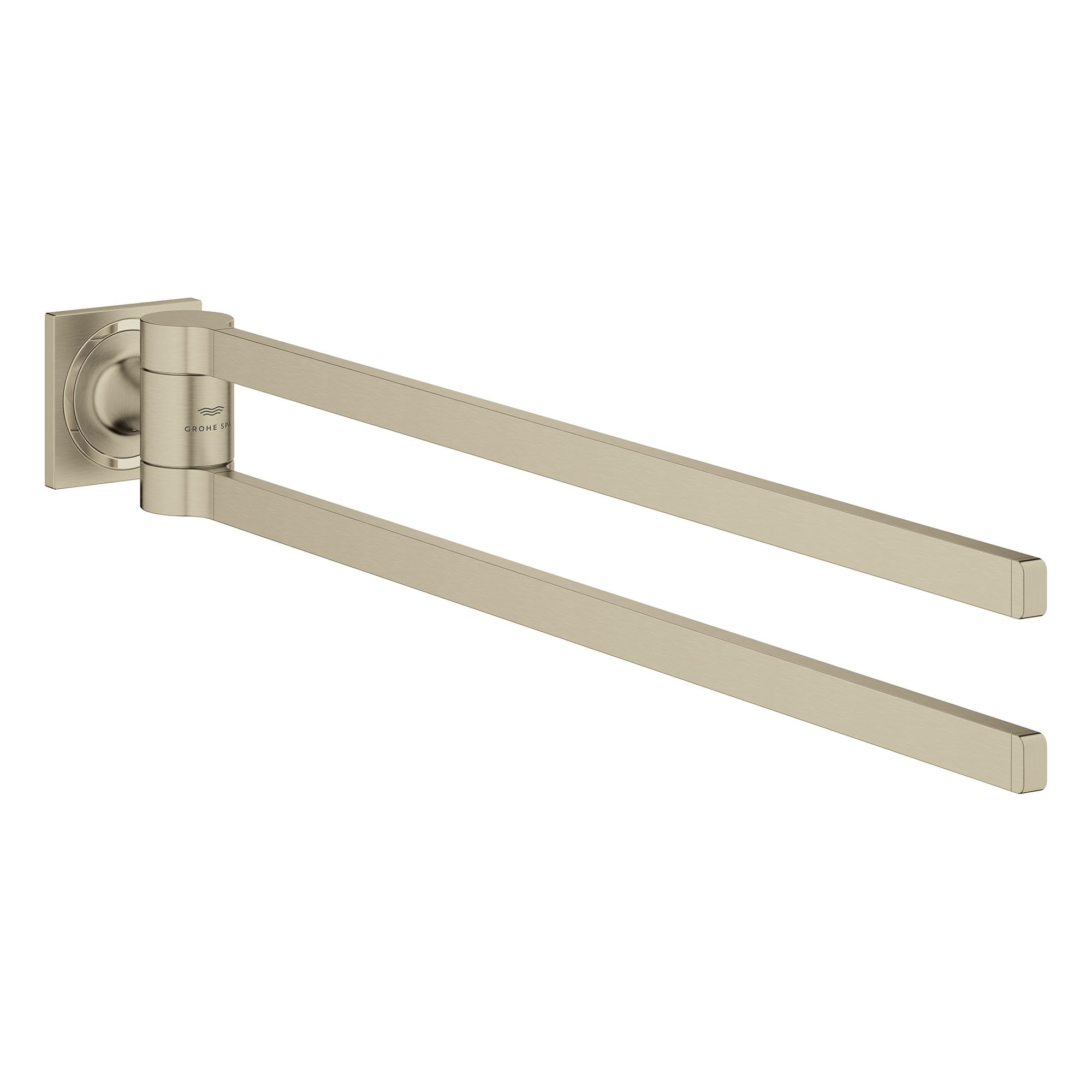 Brushed nickel double towel bar with two parallel arms mounted on square wall plate.
