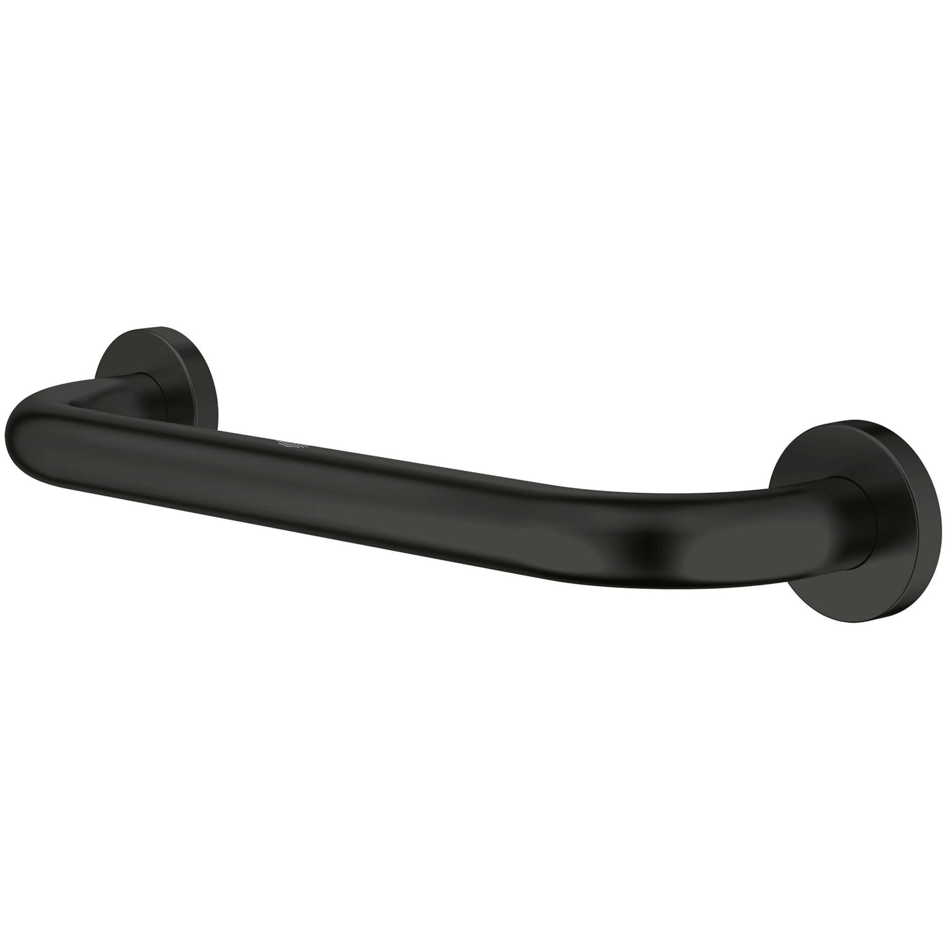 Matte black curved grab bar with circular wall-mounted flanges on each end.