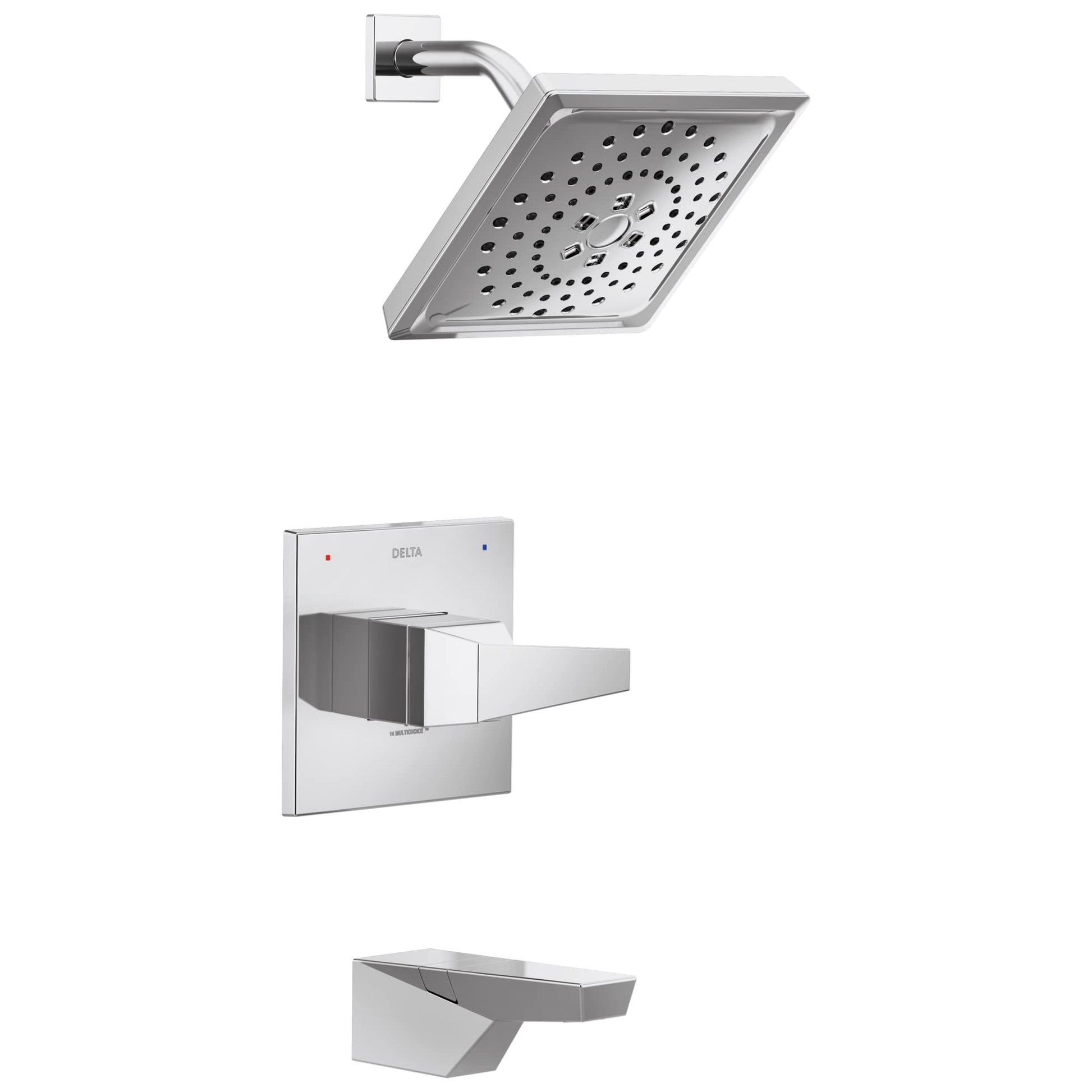 Chrome square showerhead with curved arm, white valve trim plate with lever handle, and tub spout.