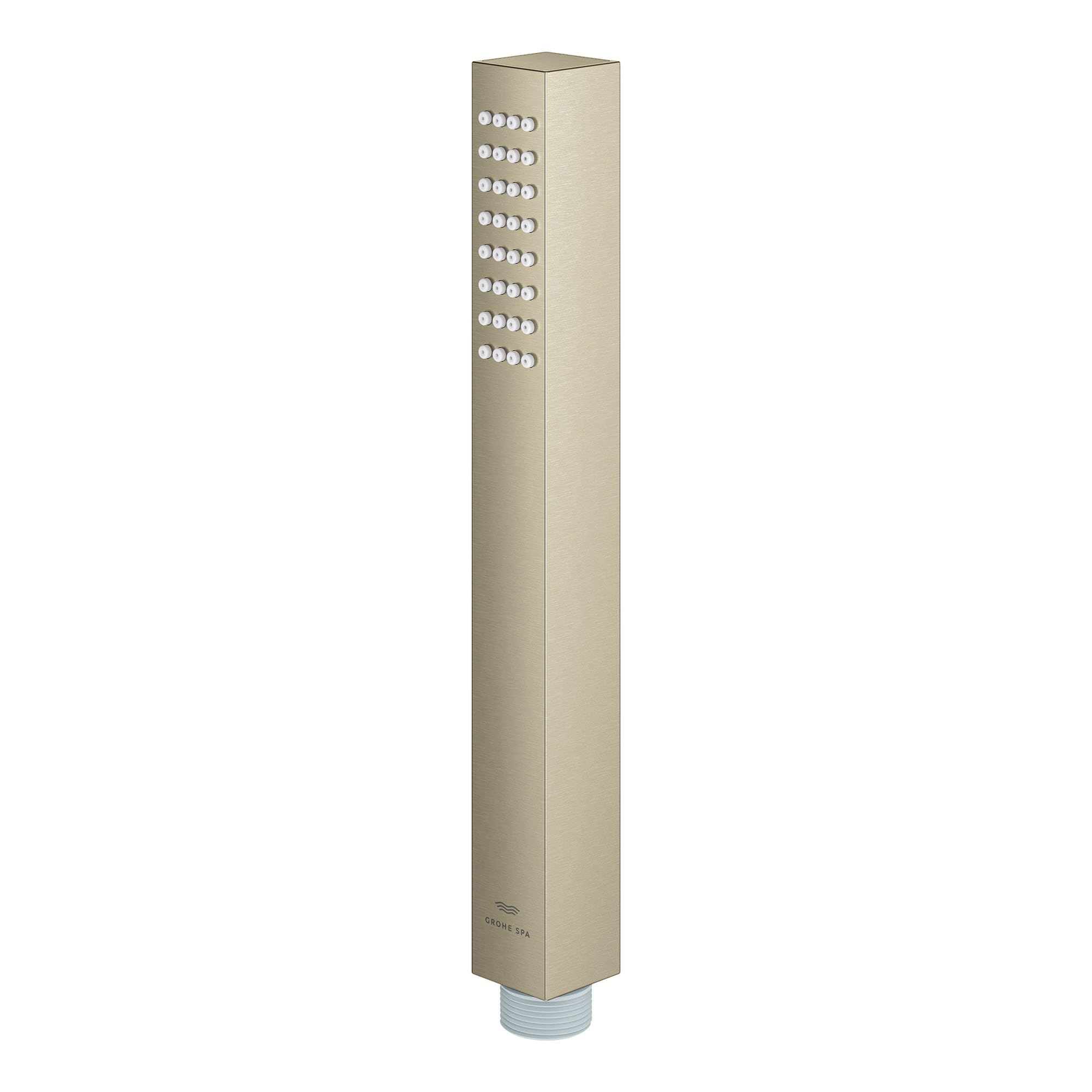 Grohe Concetto brushed nickel stick hand shower with multiple spray jets arranged vertically on square body.