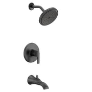 Matte black single-handle tub and shower trim kit with round showerhead, wall-mounted valve, and curved tub spout.