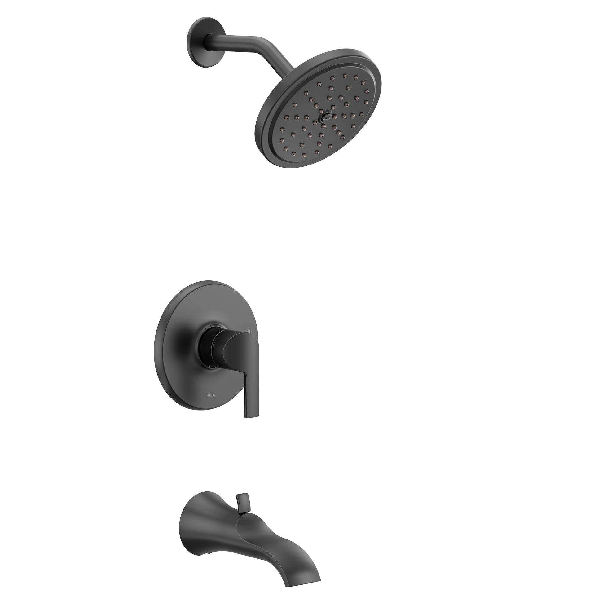 Matte black single-handle tub and shower trim kit with round showerhead, wall-mounted valve, and curved tub spout.