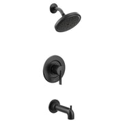 Matte black single-handle tub and shower faucet trim kit with round showerhead, valve trim, and tub spout.
