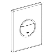 Rectangular chrome cover plate with rounded corners and circular push button in center.