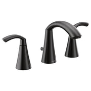 Matte black three-piece bathroom faucet with high arc spout and two curved handles.