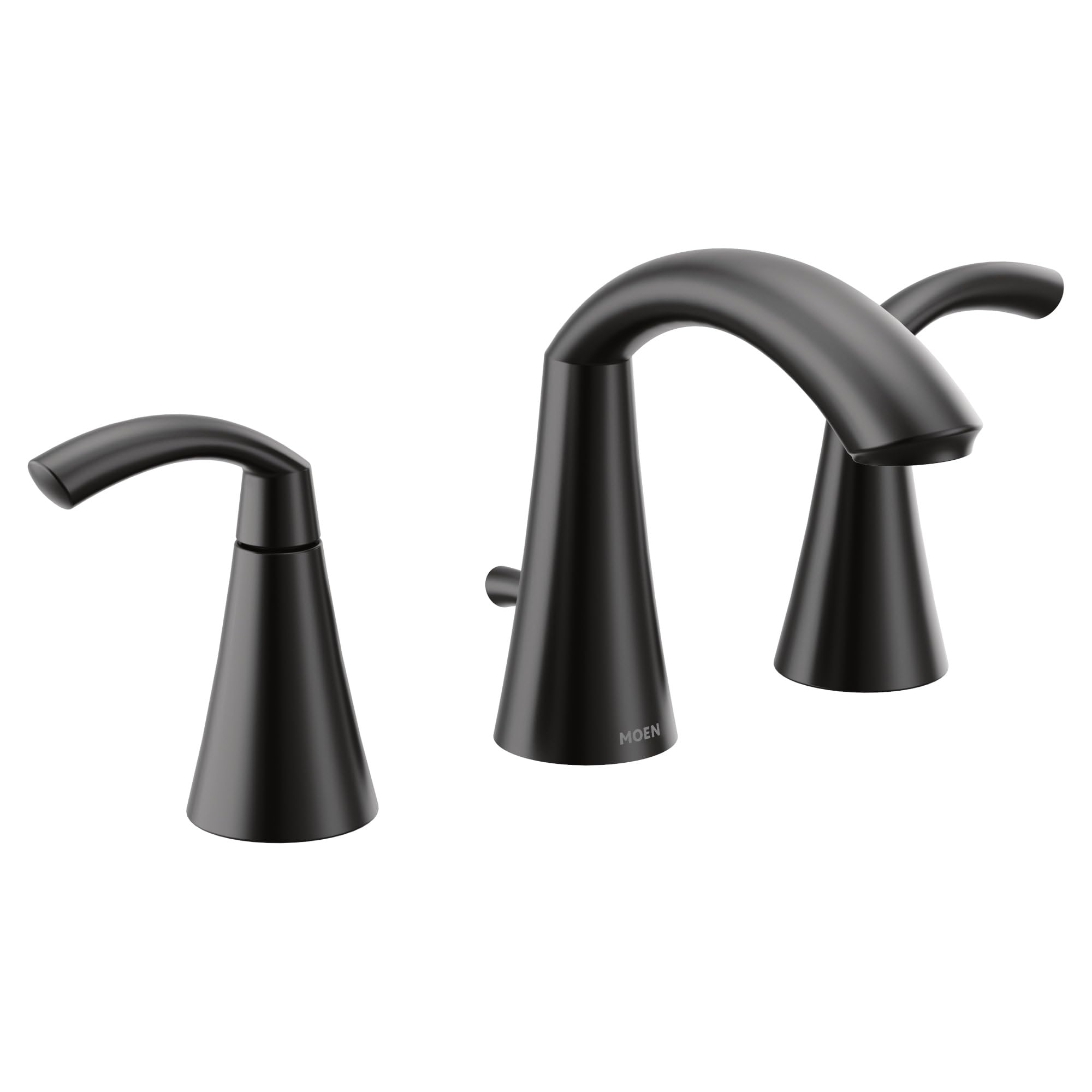 Matte black three-piece bathroom faucet with high arc spout and two curved handles.