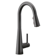 Matte black single-handle kitchen faucet with curved spout and pulldown sprayer head.