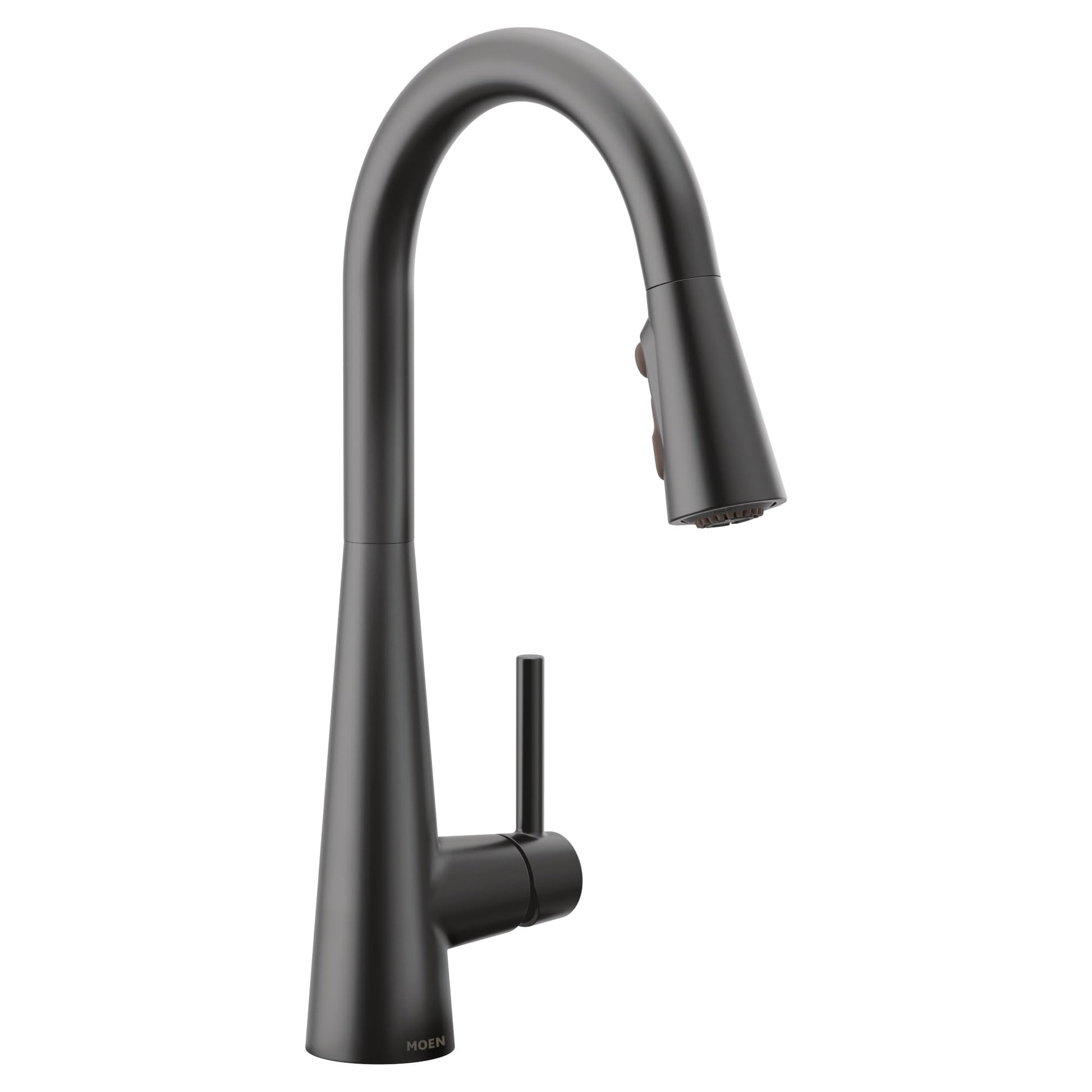 Matte black single-handle kitchen faucet with curved spout and pulldown sprayer head.