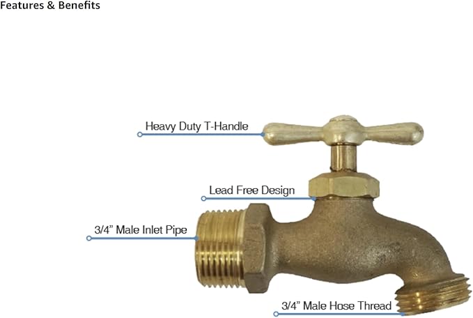 Brass 3/4 inch hose bib with T-handle, male inlet pipe, and male hose thread outlet.