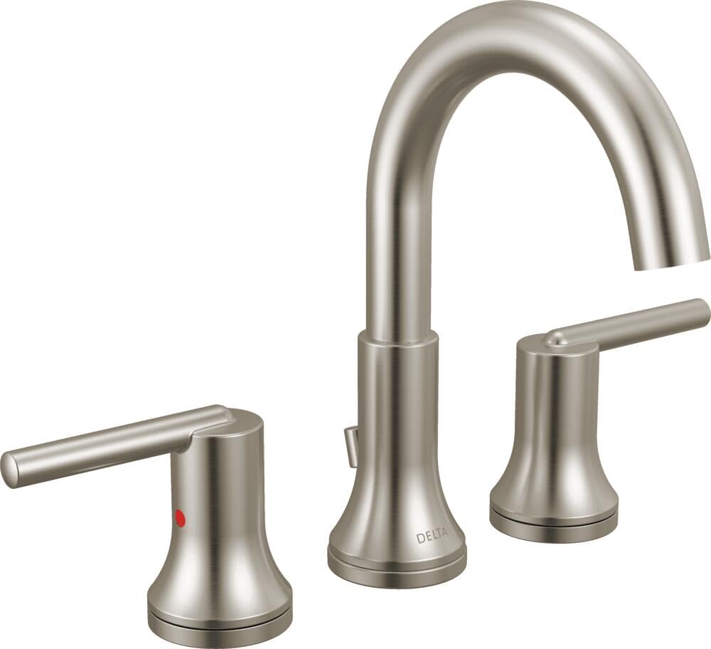 Brushed nickel two-handle widespread bathroom faucet with curved spout and lever handles.
