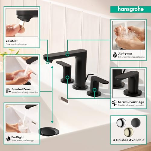 Chrome widespread bathroom faucet with two handles, pop-up drain, and three interchangeable finish options displayed.