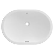 White oval undermount bathroom sink with single faucet hole, viewed from above.