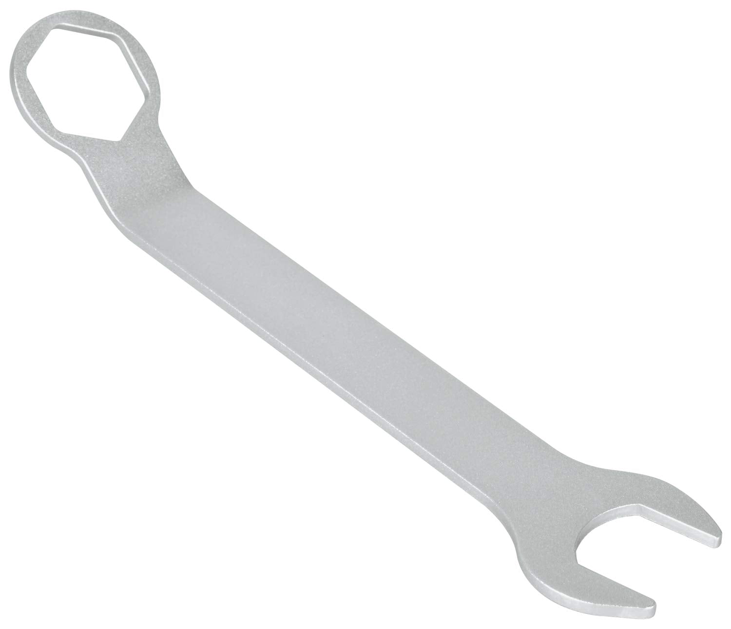 Chrome spanner wrench with hexagonal opening at top and open-end wrench at bottom.