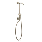 Brushed nickel shower slidebar with wall-mounted showerhead, adjustable hose holder, and flexible shower hose.