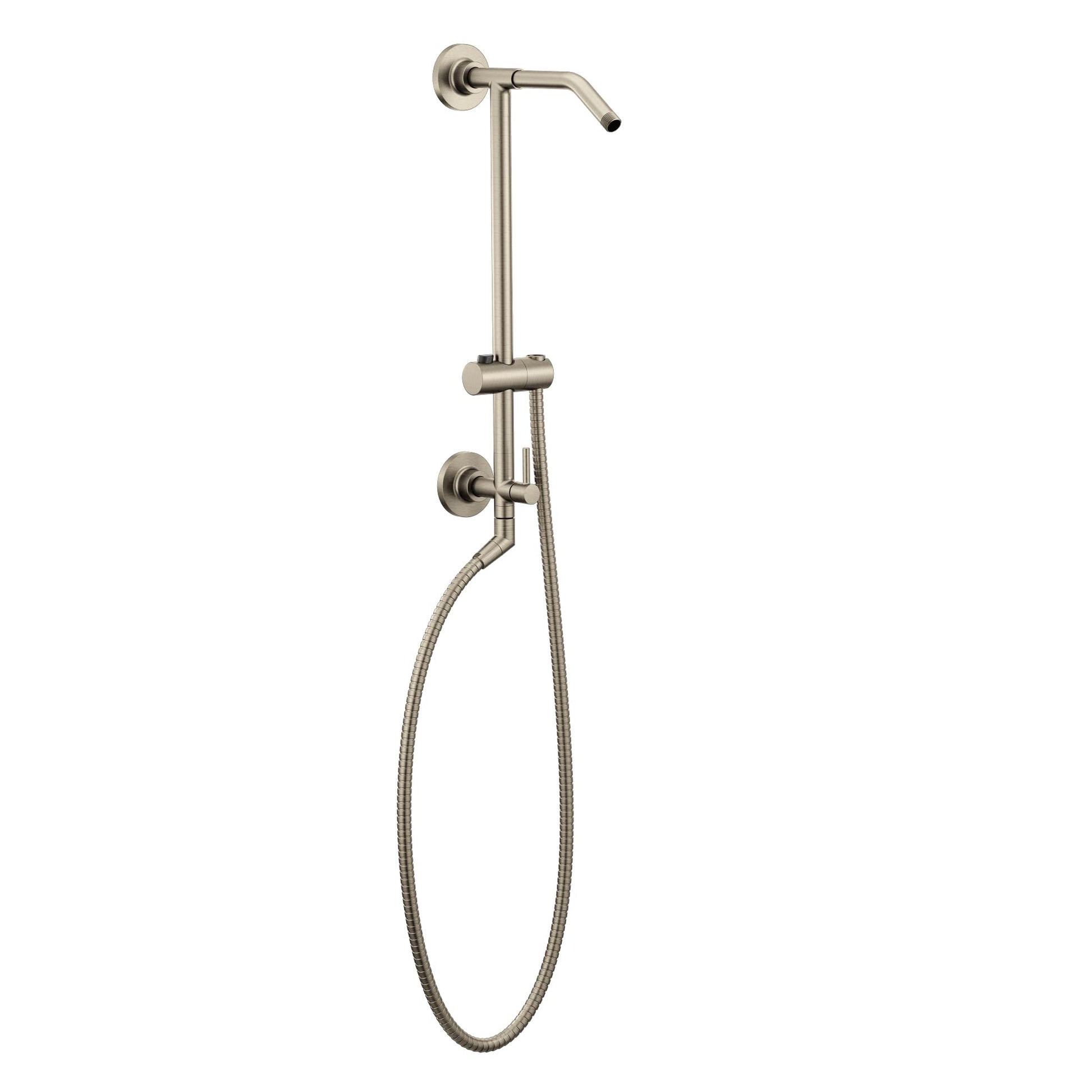 Brushed nickel shower slidebar with wall-mounted showerhead, adjustable hose holder, and flexible shower hose.