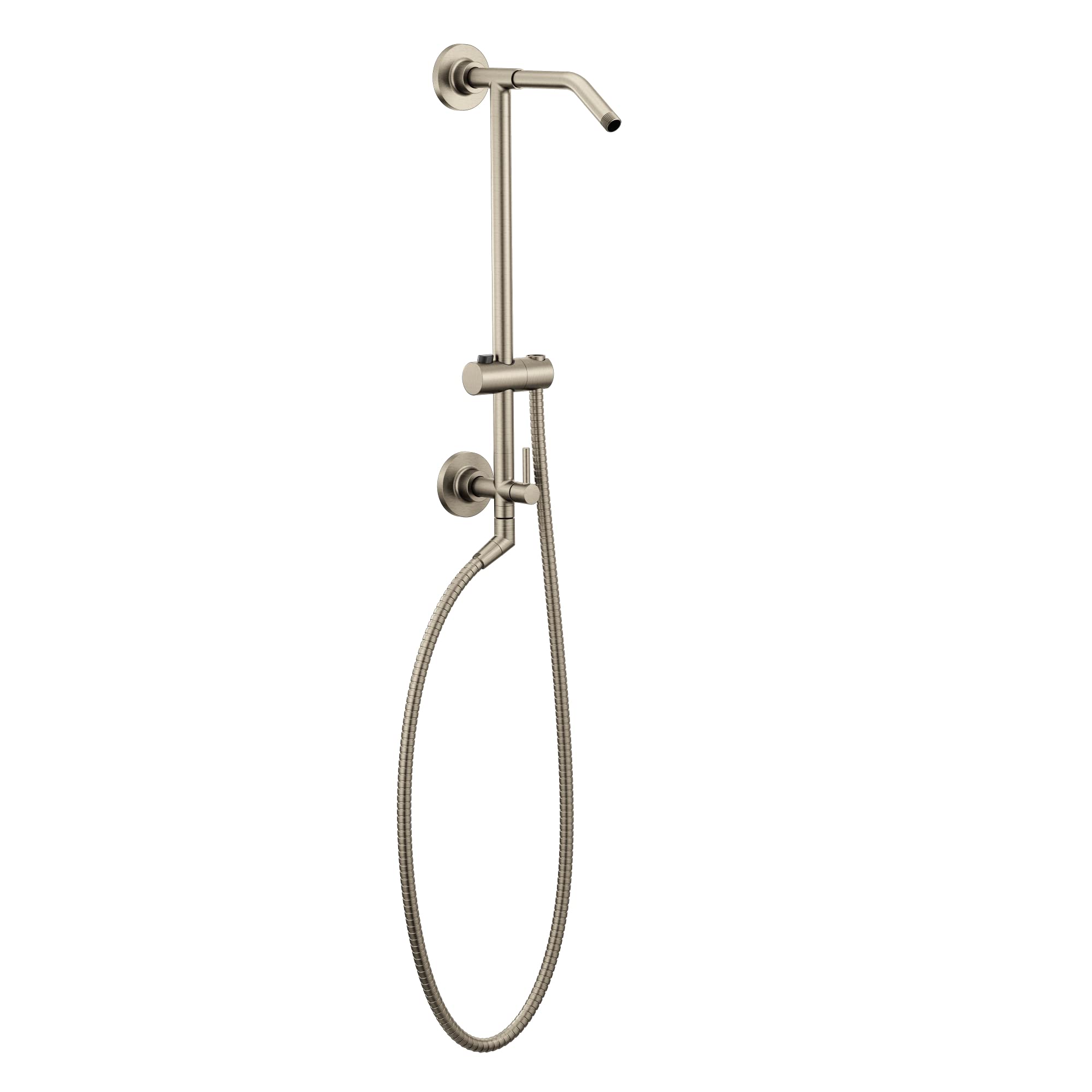 Brushed nickel shower slidebar with wall-mounted showerhead, adjustable hose holder, and flexible shower hose.