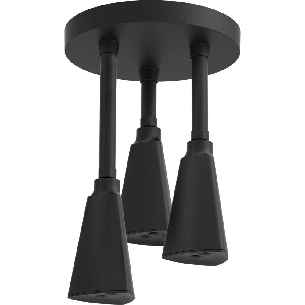Black pendant shower head with three tapered nozzles suspended from a circular ceiling mount.
