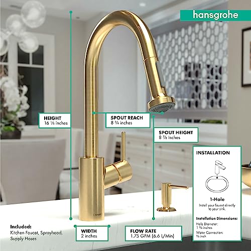 Brushed gold kitchen faucet with high arc spout, pull-down spray head, and single hole installation shown with dimension spec