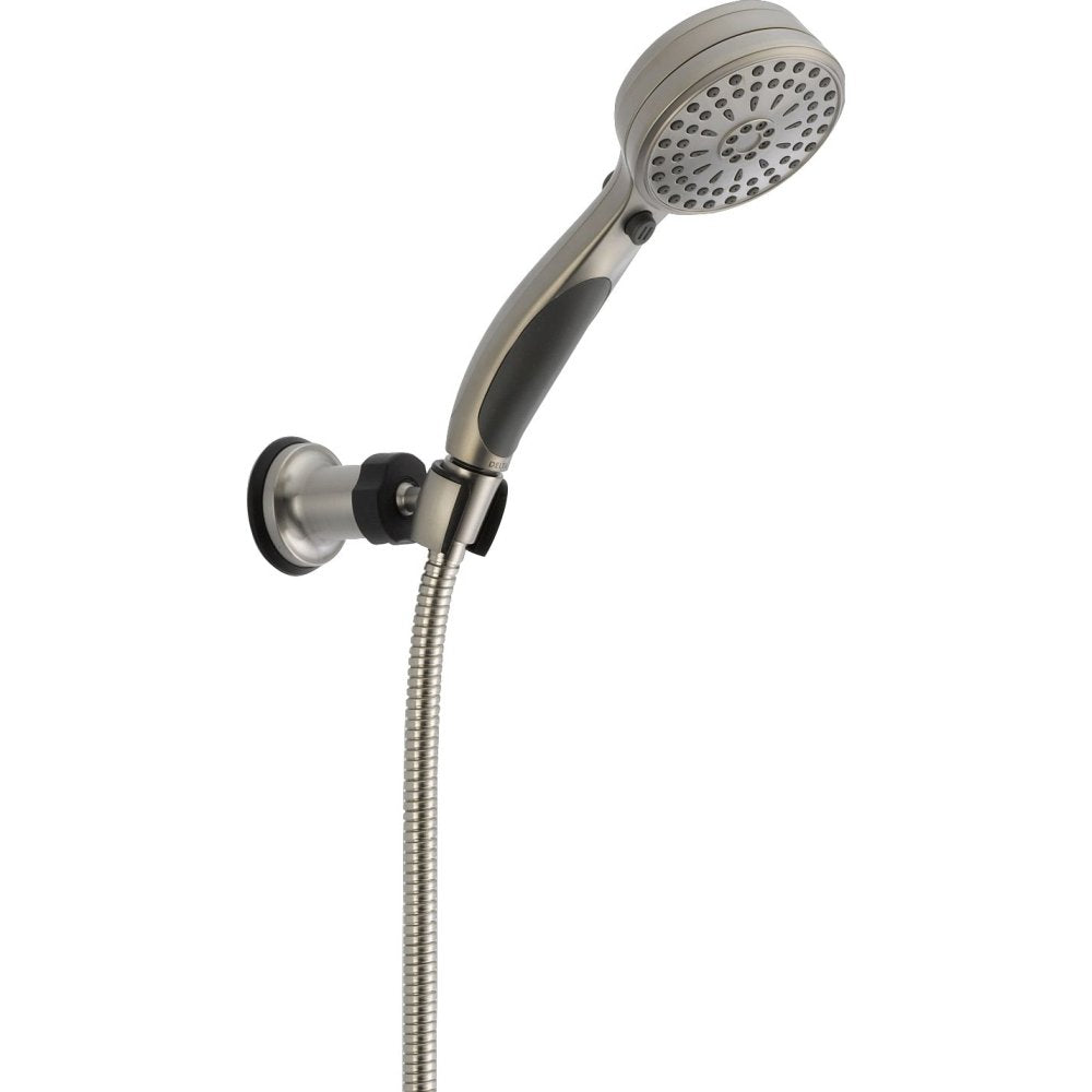 Chrome hand shower with perforated head, black grip, wall mount bracket, and flexible hose connector.