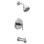 Chrome tub and shower trim kit with single lever handle, showerhead, and tub spout.