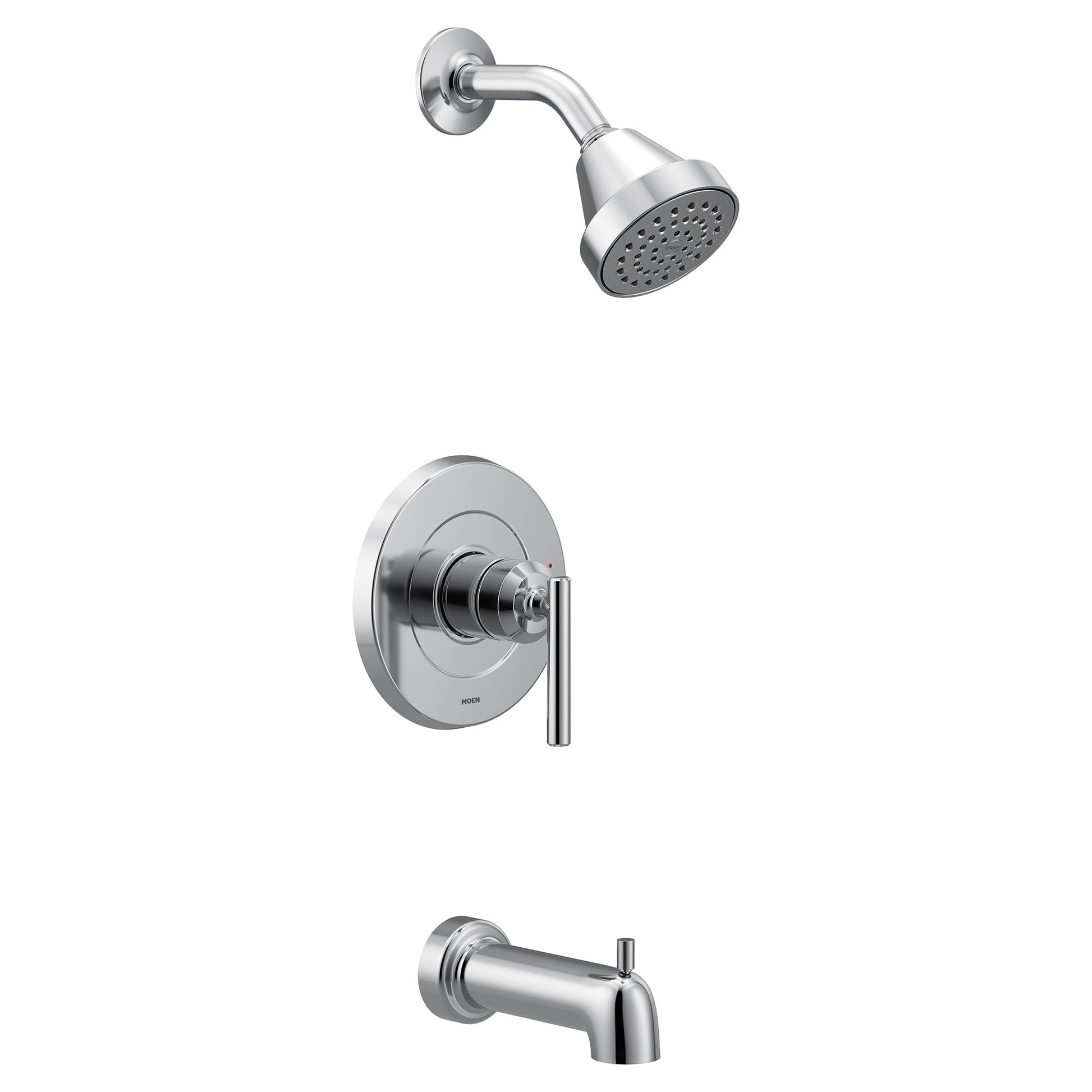 Chrome tub and shower trim kit with single lever handle, showerhead, and tub spout.