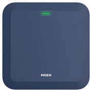 Blue square Moen smart sprinkler controller with green indicator light and recessed center panel.