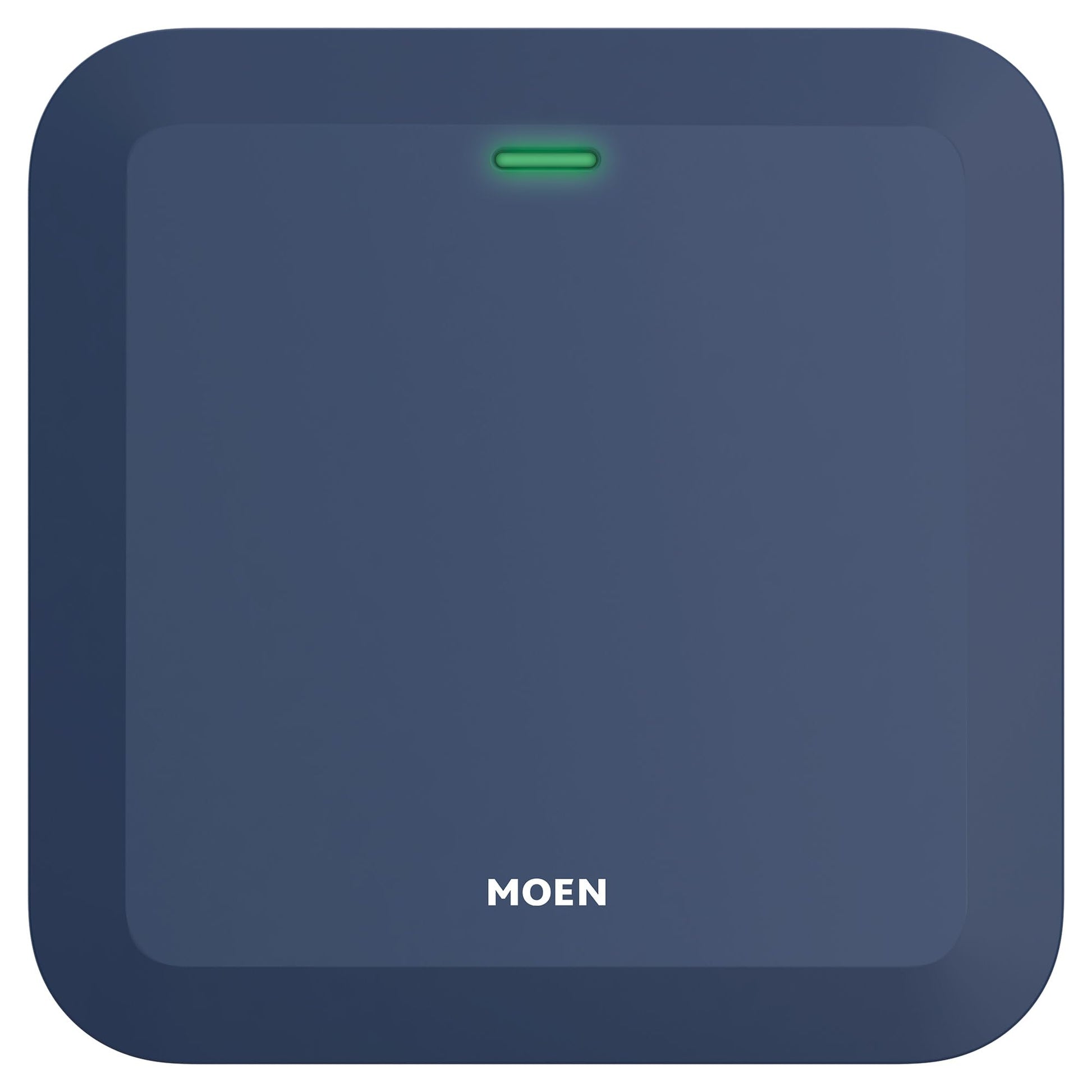 Blue square Moen smart sprinkler controller with green indicator light and recessed center panel.