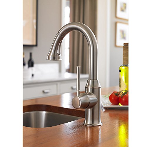 Polished nickel pull-down kitchen faucet with curved spout and single handle mounted on counter above sink.