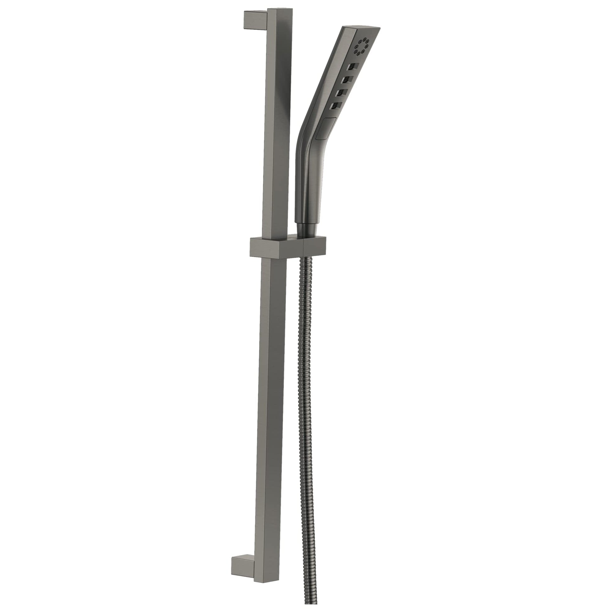 Square gunmetal slide bar with curved hand shower head and flexible hose attachment.