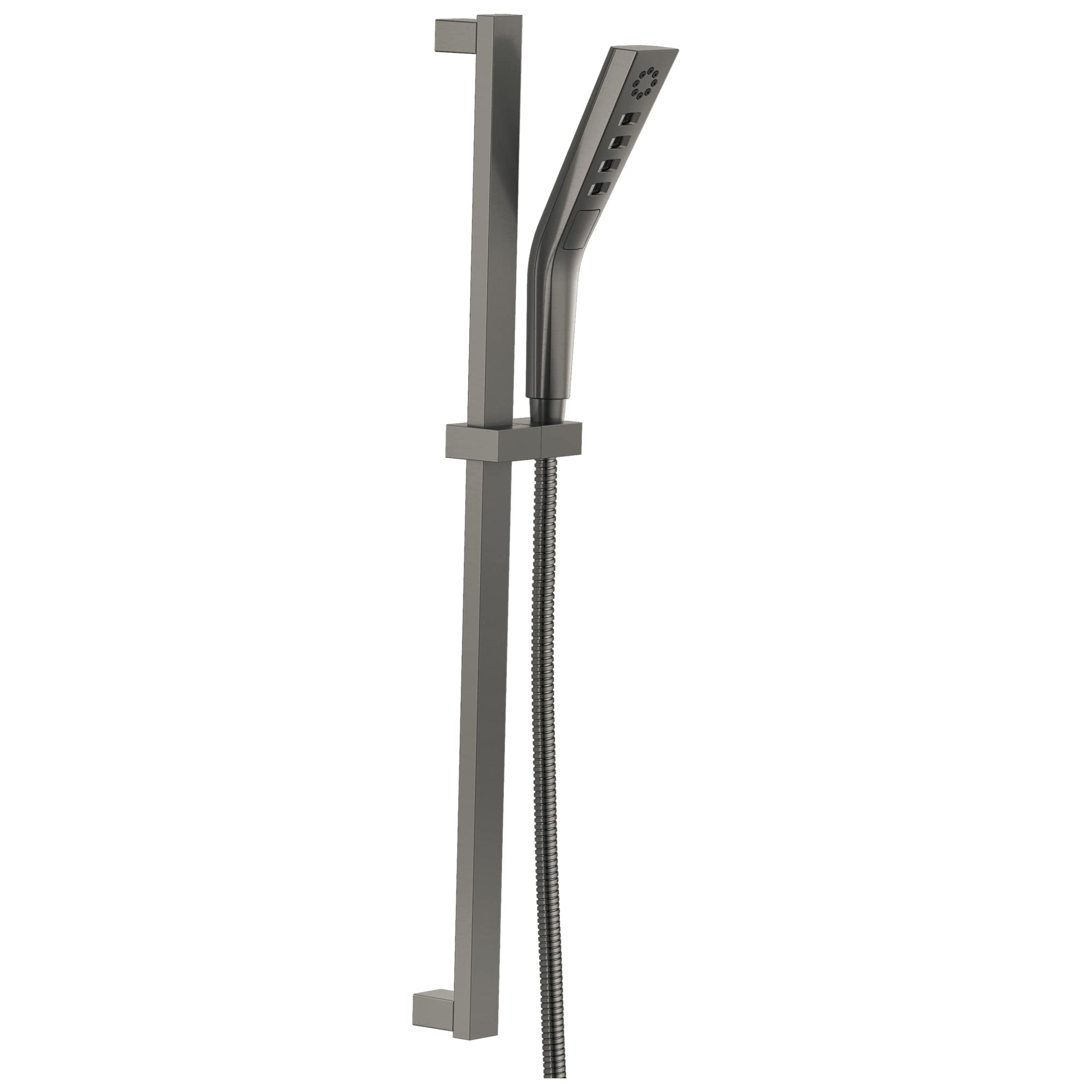 Square gunmetal slide bar with curved hand shower head and flexible hose attachment.