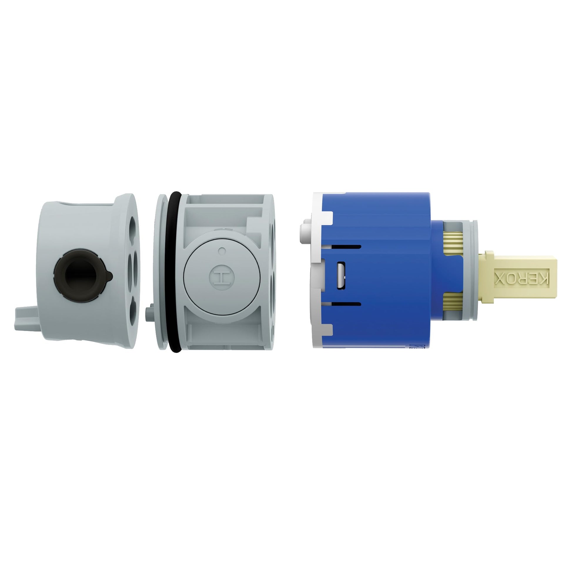 Moen 1213 faucet cartridge shown in exploded view with gray housing, internal components, blue valve body, and brass stem.
