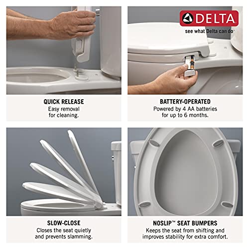 White round toilet seat with slow-close lid, quick-release mechanism, and built-in nightlight; features shown include battery