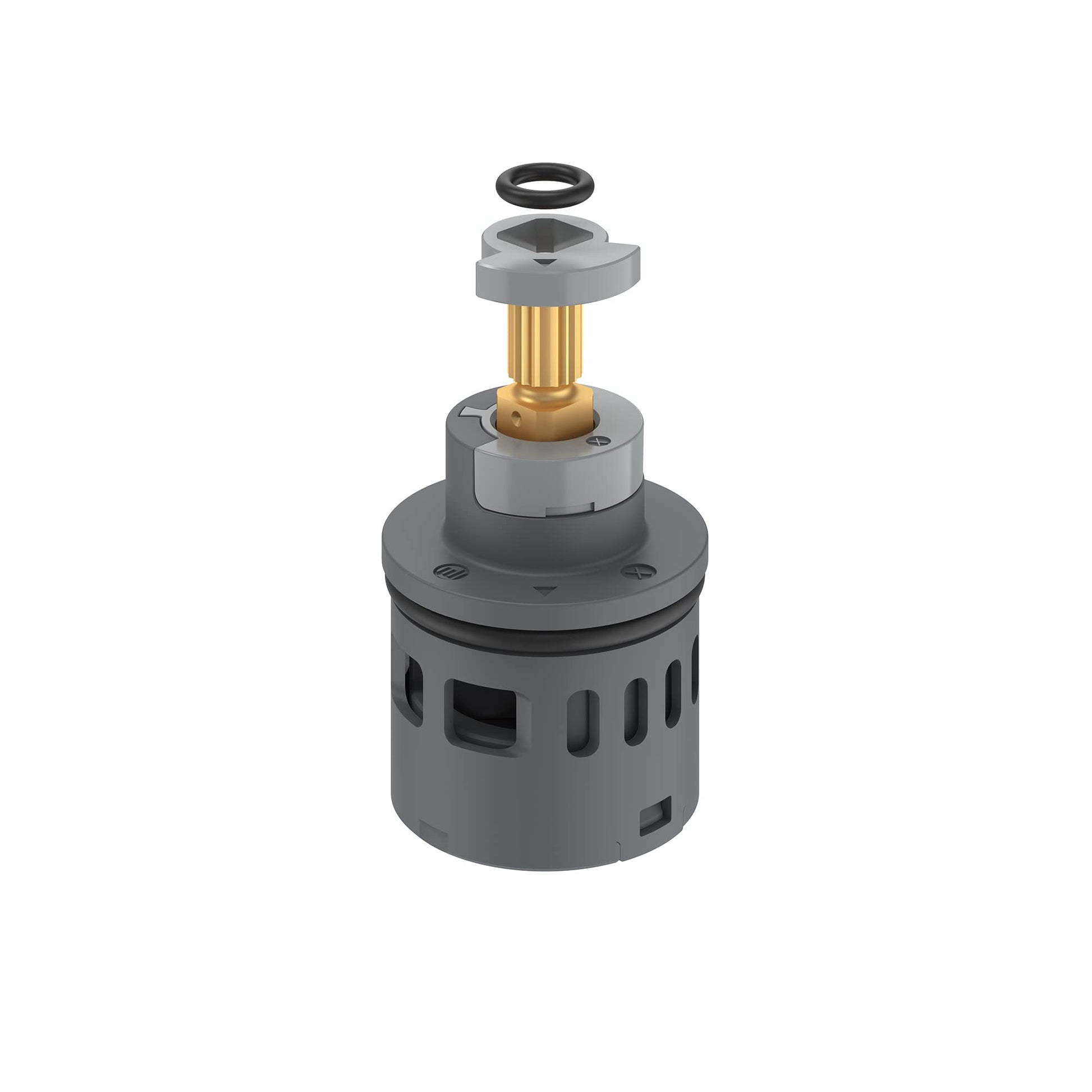 Gray diverter valve cartridge with brass stem and black rubber seal ring, disassembled view.