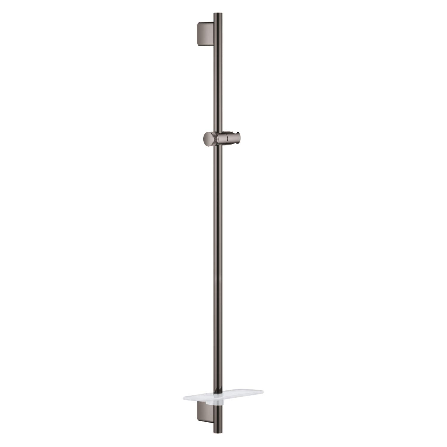 Dark gray vertical shower slide bar with adjustable holder and shelf in hard graphite finish.