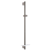 Dark gray vertical shower slide bar with adjustable holder and shelf in hard graphite finish.