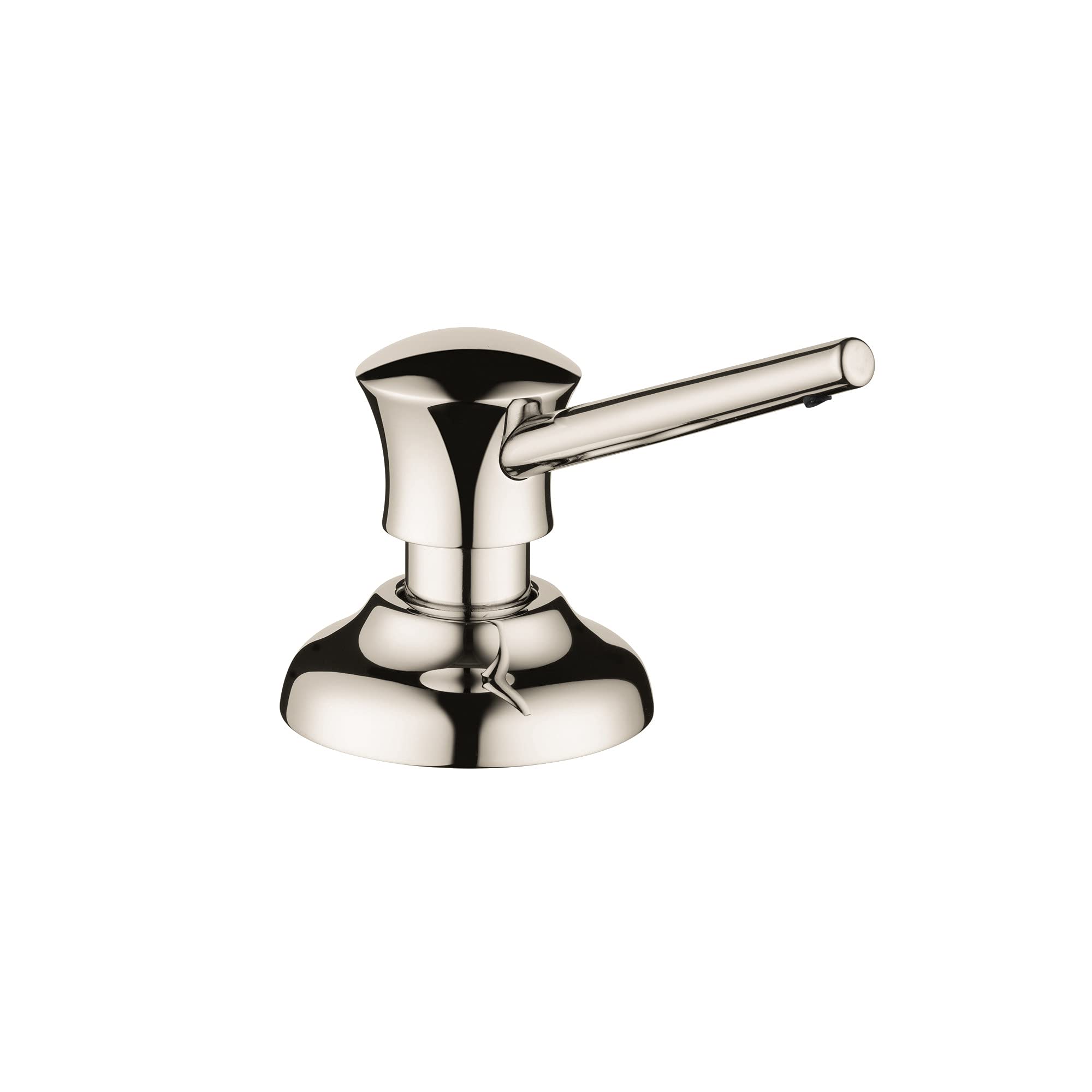 Polished nickel soap dispenser with traditional design, featuring a rounded pump head and cylindrical lever spout on a wide b