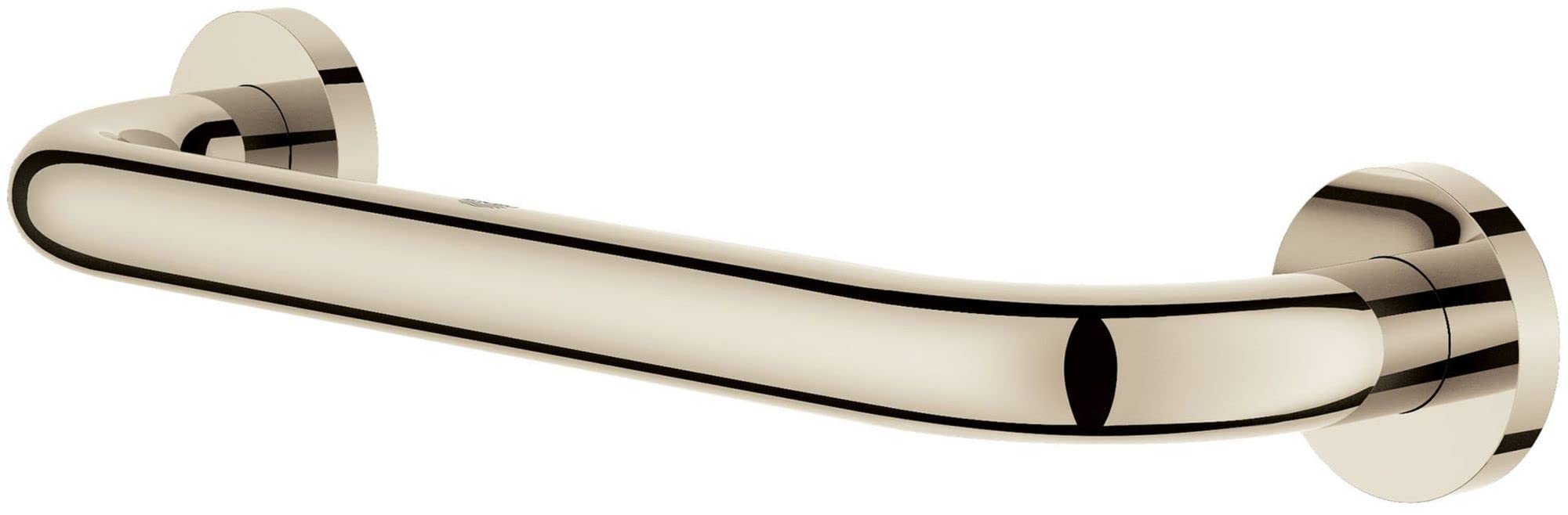 Brushed champagne-gold grab bar with curved grip and circular wall-mounted flanges on each end.