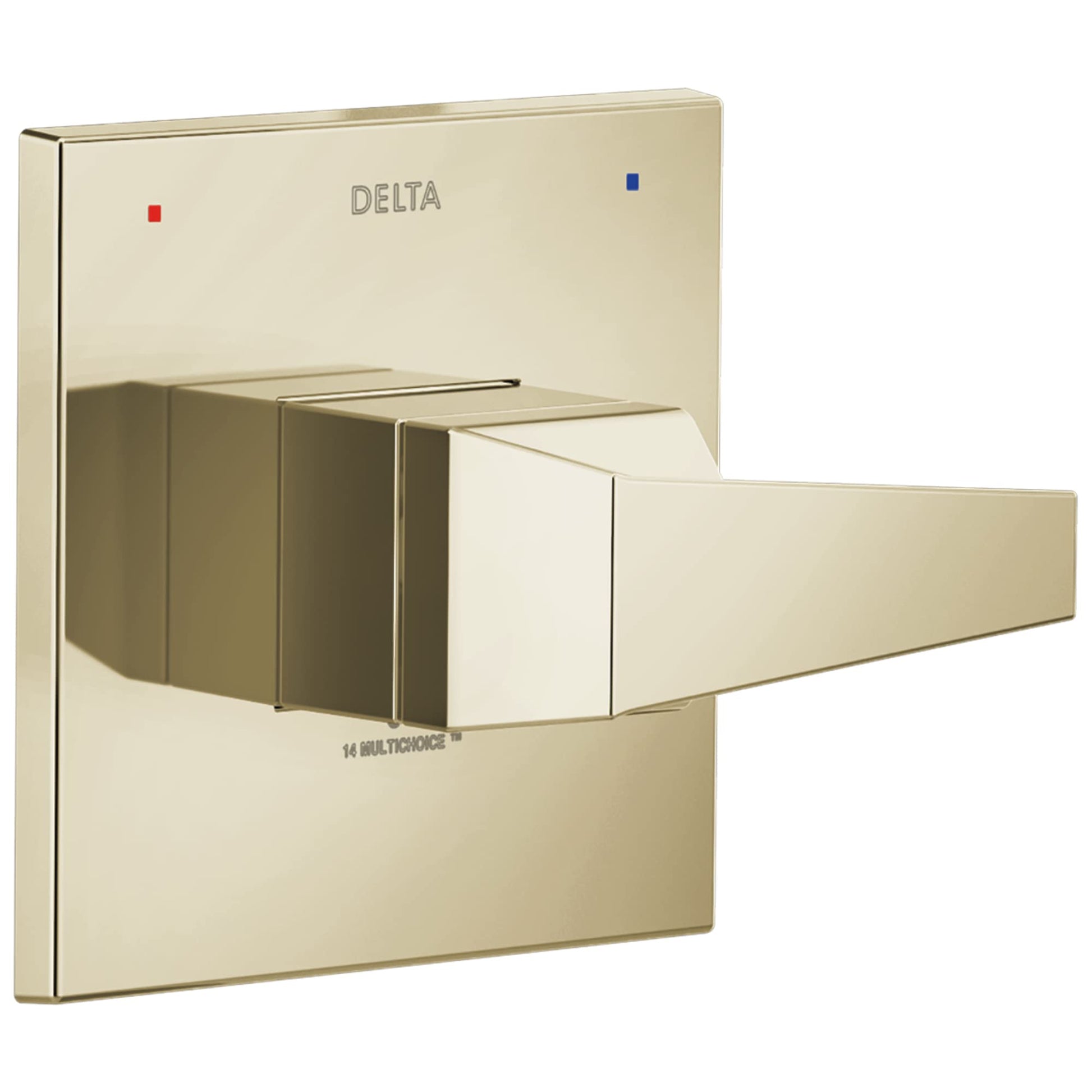 Champagne gold square valve trim with lever handle and red and blue indicator dots for hot and cold water.