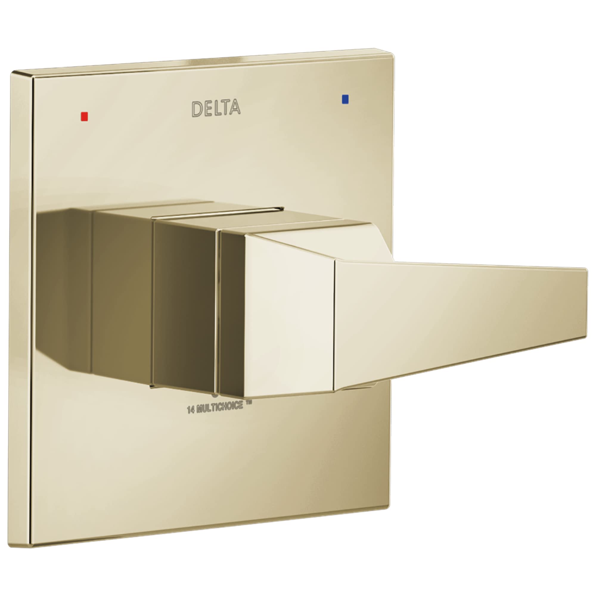 Champagne gold square valve trim with lever handle and red and blue indicator dots for hot and cold water.