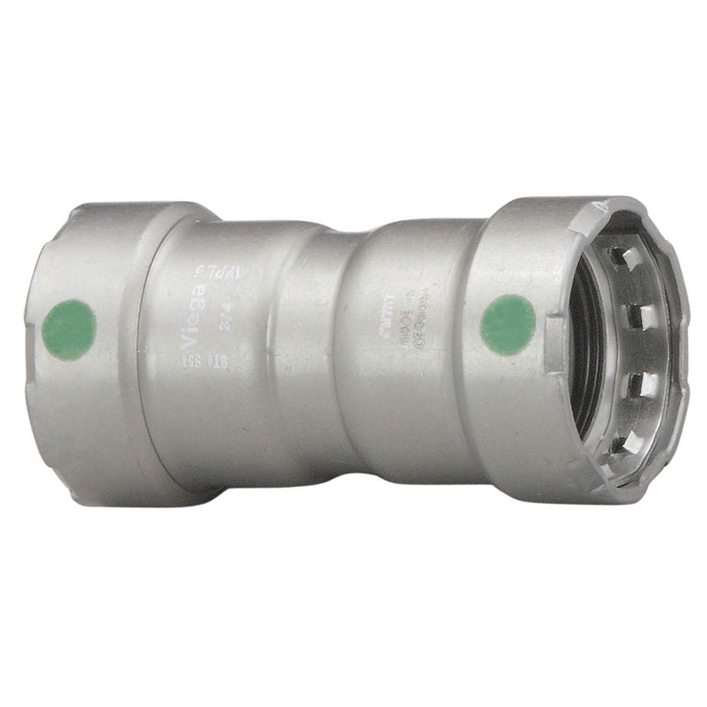 Silver metal press coupling with green indicator dots on each end and threaded female connection on right side.
