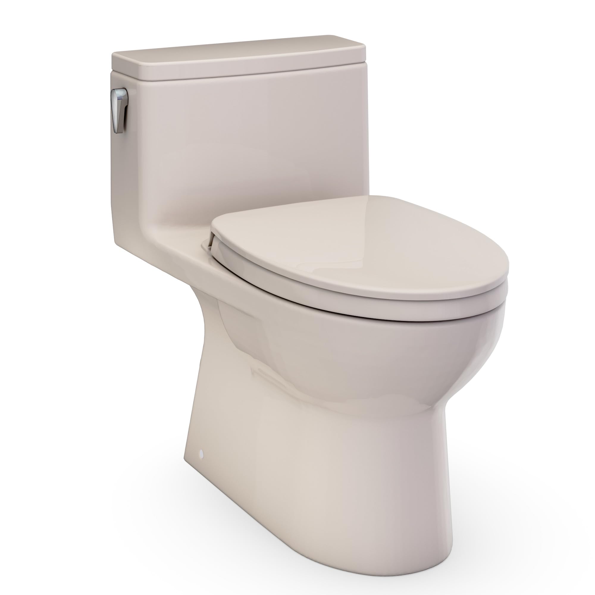 Bone-colored one-piece elongated toilet with closed lid and tank featuring chrome handle.