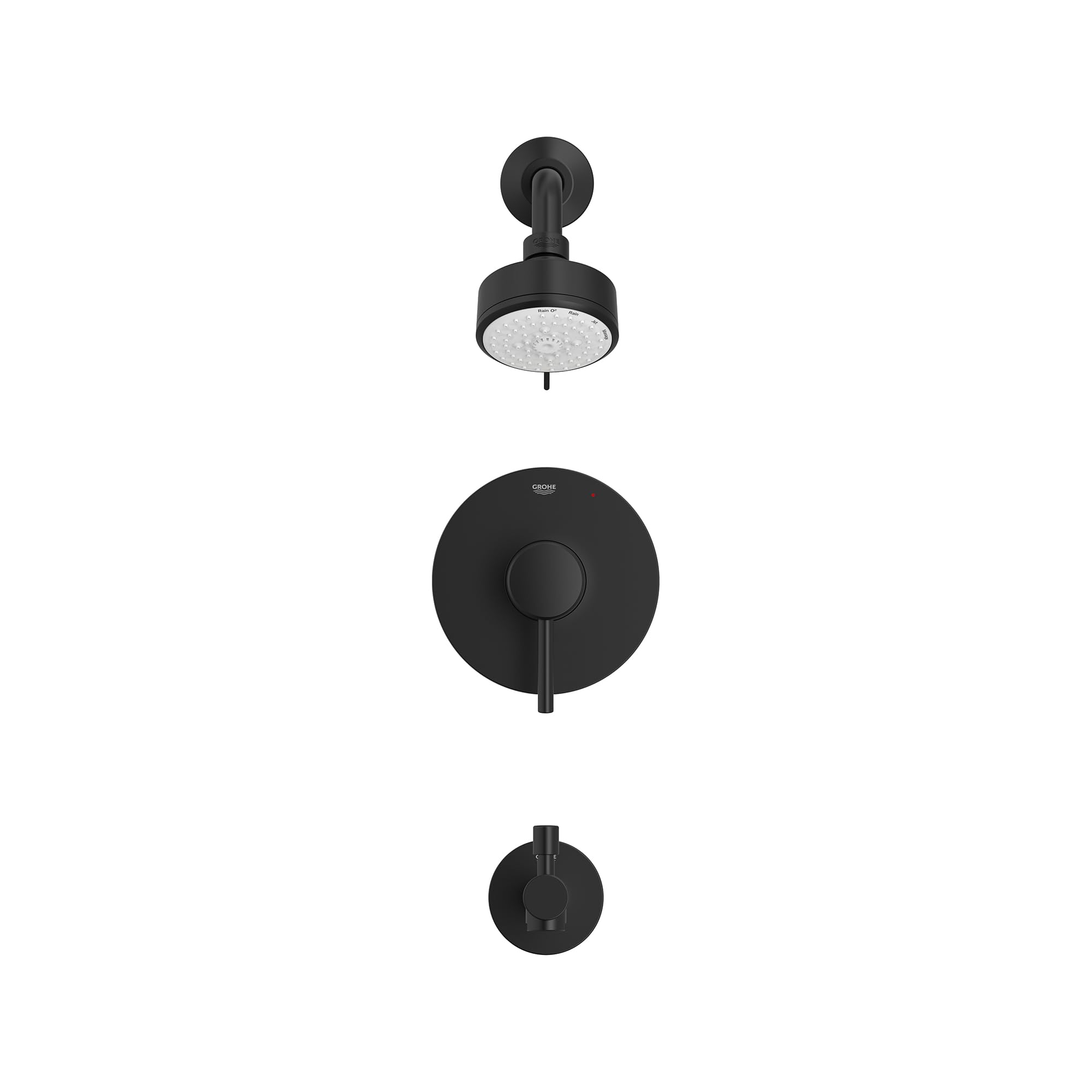 Matte black tub/shower valve trim with round escutcheons, showerhead, and diverter spout.