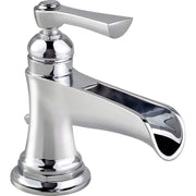 Chrome single-handle bathroom faucet with curved channel spout and rounded base.