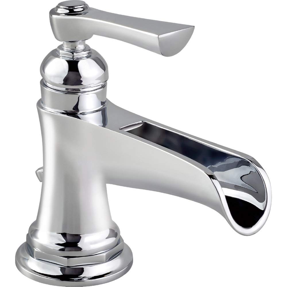 Chrome single-handle bathroom faucet with curved channel spout and rounded base.
