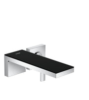 Wall-mounted faucet trim with single handle, chrome finish, and black glass spout.