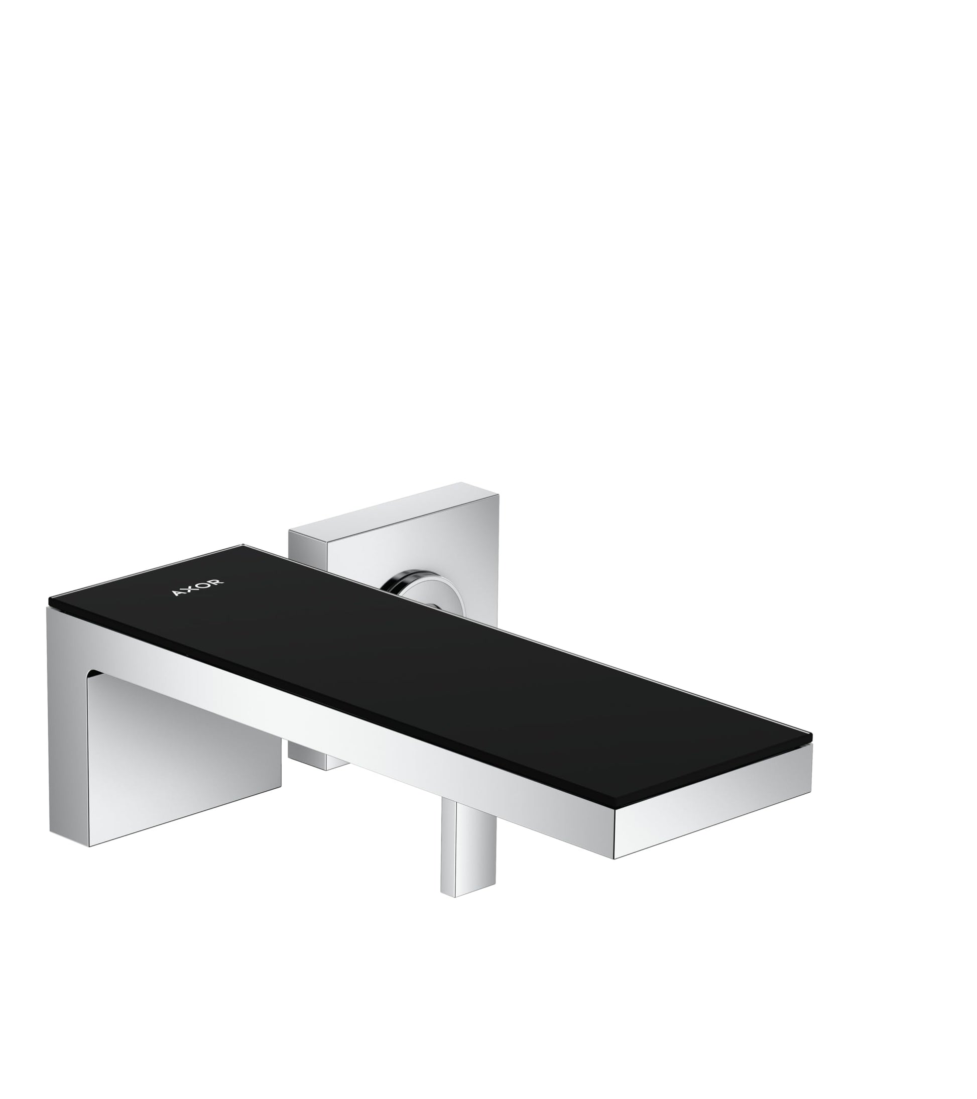Wall-mounted faucet trim with single handle, chrome finish, and black glass spout.